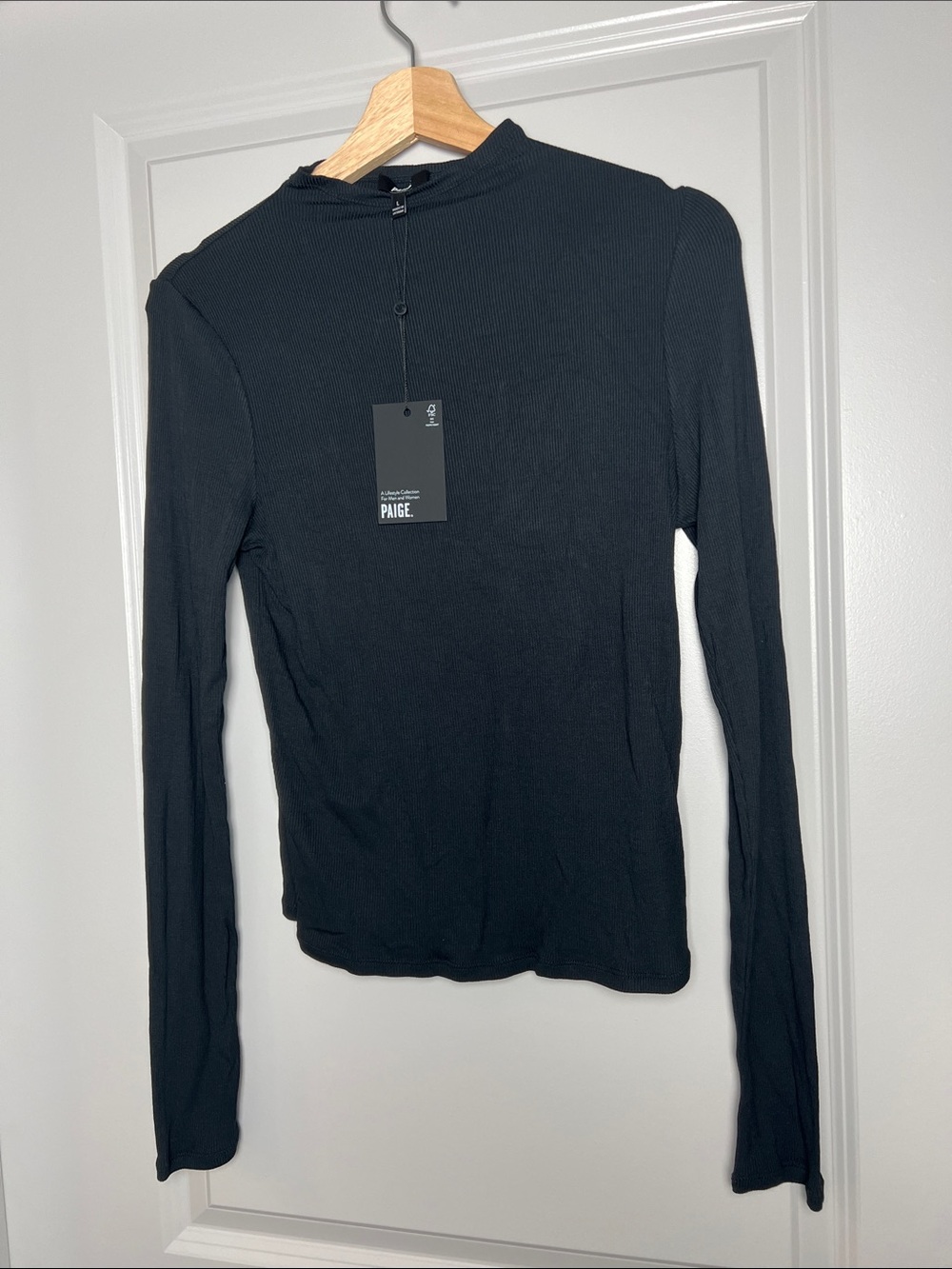 PAIGE Black Ribbed Mock-Neck Long Sleeve Tee